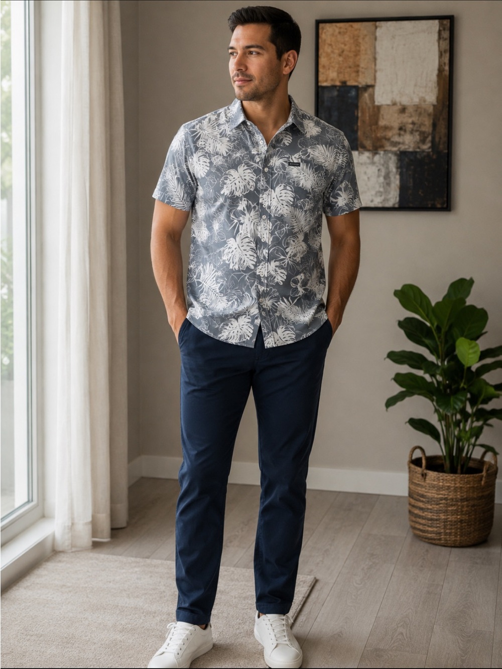 Matix Grey and White Tropical Short-Sleeve Button Down Shirt